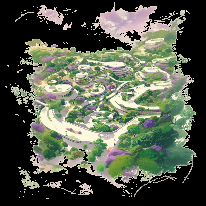 Watercolor concept illustration of a green, terraced Highdigenous eco-campus.