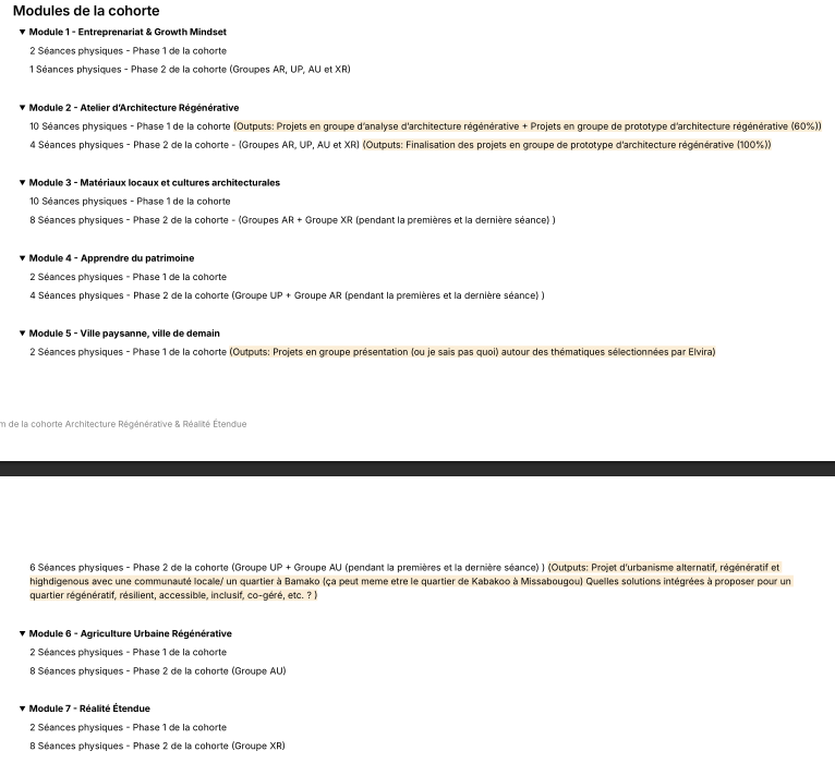 Figure 2: Overview of the detailed list of modules across two pages